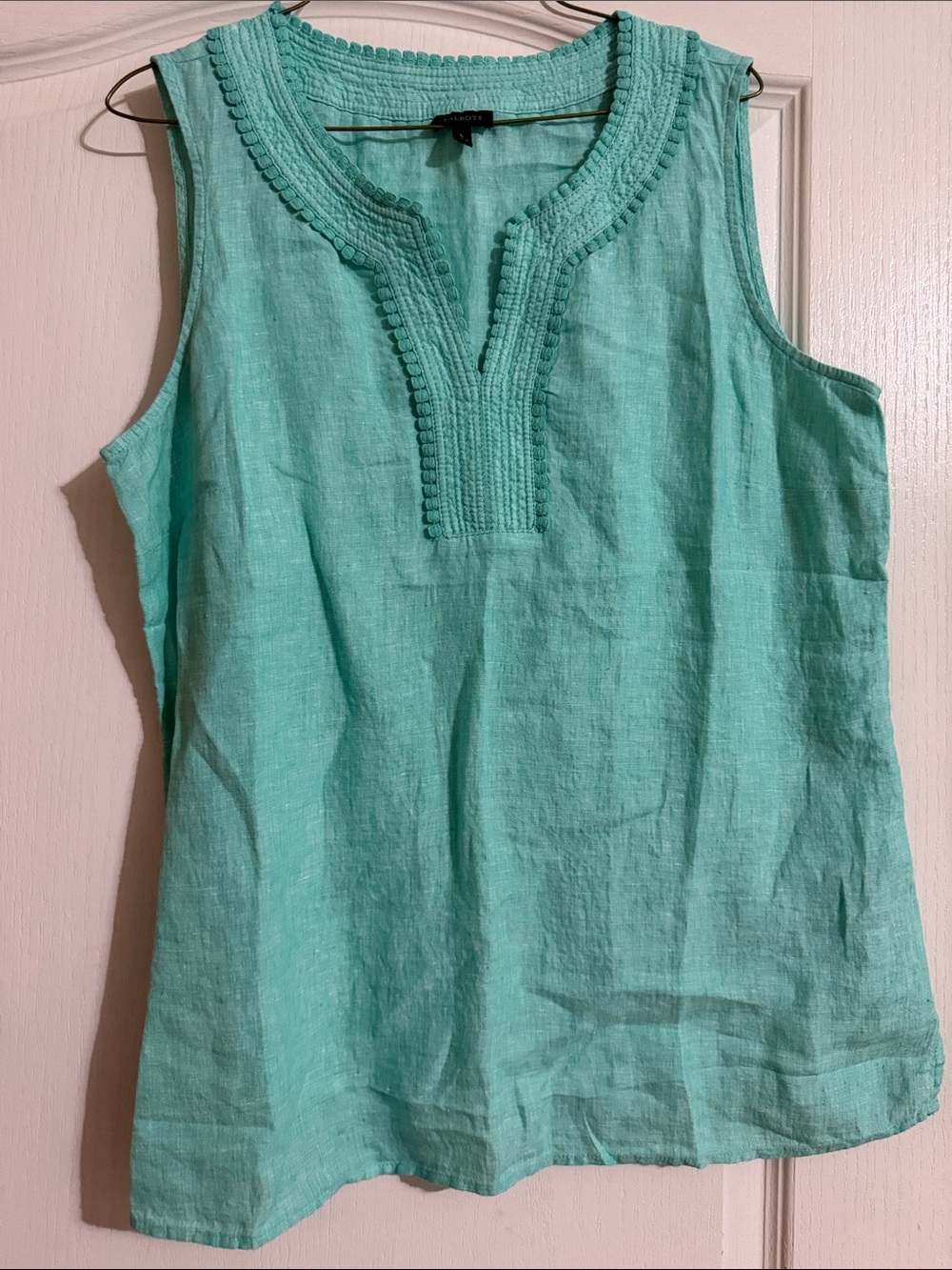 Talbots Aqua Embroidered Split-Neck Linen Tank